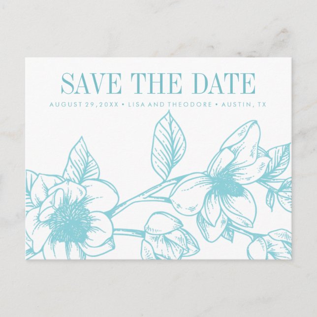 Chic Magnolia Flowers | Pale Blue | Save the date Announcement Postcard (Front)