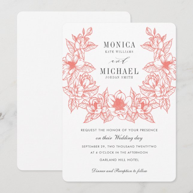 Chic Magnolia Wreath | Coral | Wedding Invitation (Front/Back)