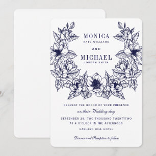 Chic Magnolia Wreath Navy Blue Wedding Invitation