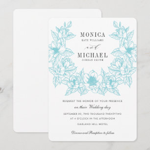 Chic Magnolia Wreath Pale Blue Wedding Invitation