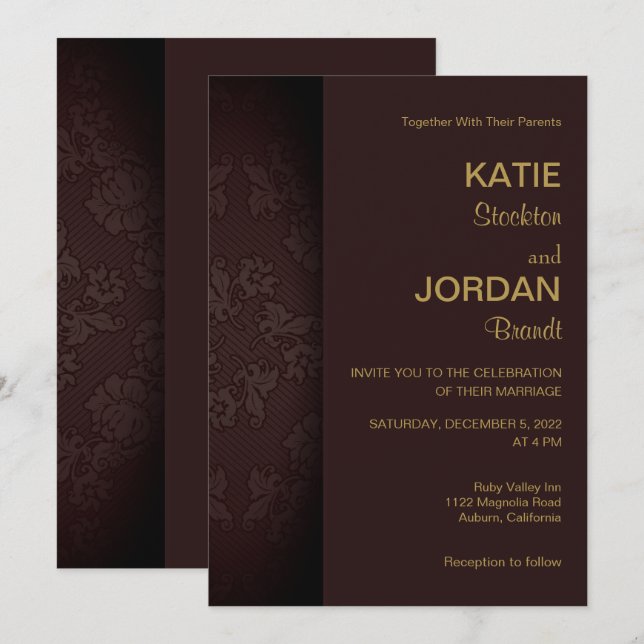 Chic Mahogany Damask Wedding Invitation (Front/Back)