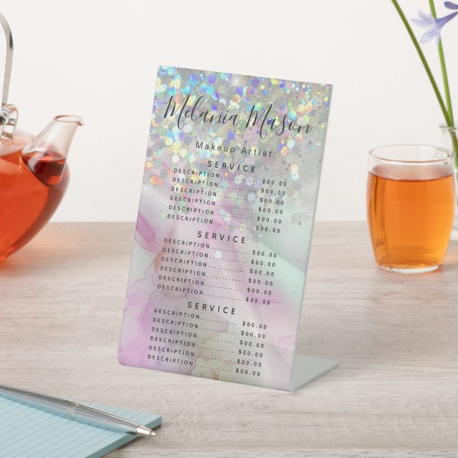Chic Makeup Artist Holographic Glitter Price Menu Pedestal Sign (In SItu)
