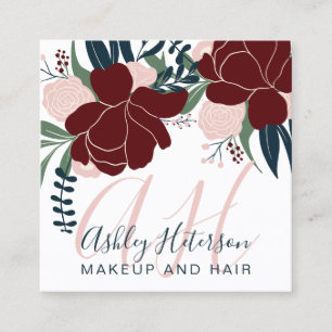 Chic Makeup red floral navy blue script monogram Square Business Card