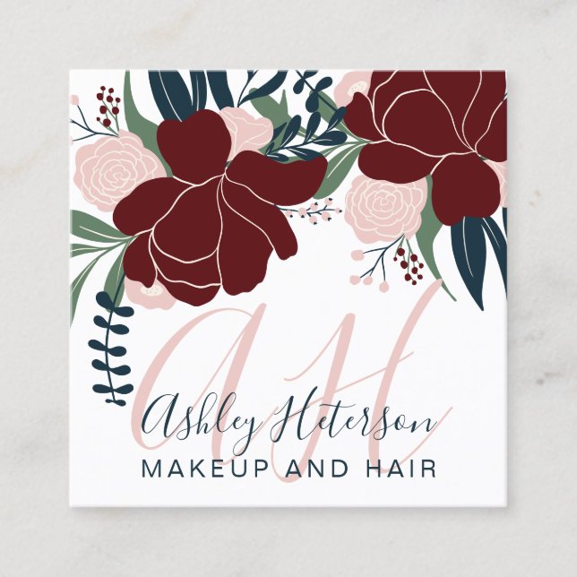 Chic Makeup red floral navy blue script monogram Square Business Card (Front)