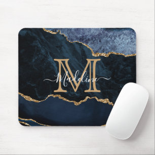 Chic Marble Agate Geode Navy Blue Gold Monogram Mouse Mat