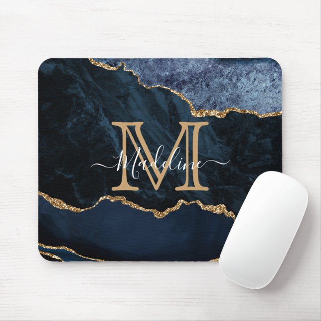 Chic Marble Agate Geode Navy Blue Gold Monogram Mouse Mat (With Mouse)