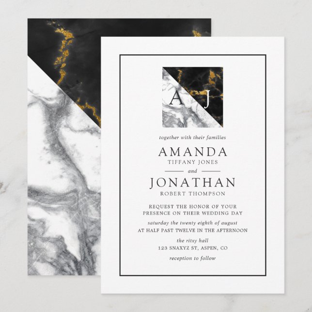 Chic Marble and Foil Geometric Monogram Wedding Invitation (Front/Back)