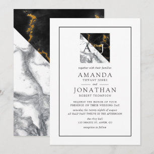 Chic Marble and Foil Geometric Monogram Wedding Invitation
