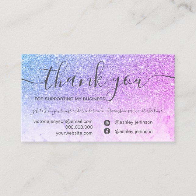 Chic marble blue purple glitter order thank you business card (Front)