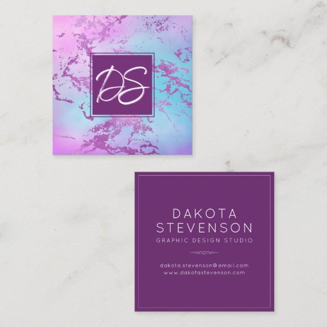 Chic Marble | Glitzy Glam Purple and Blue Branding Square Business Card (Front/Back)