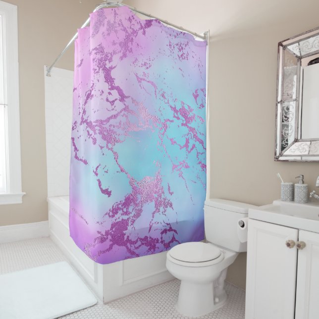 Chic Marble | Glitzy Glam Violet Purple Blue Ombre Shower Curtain (In Situ)