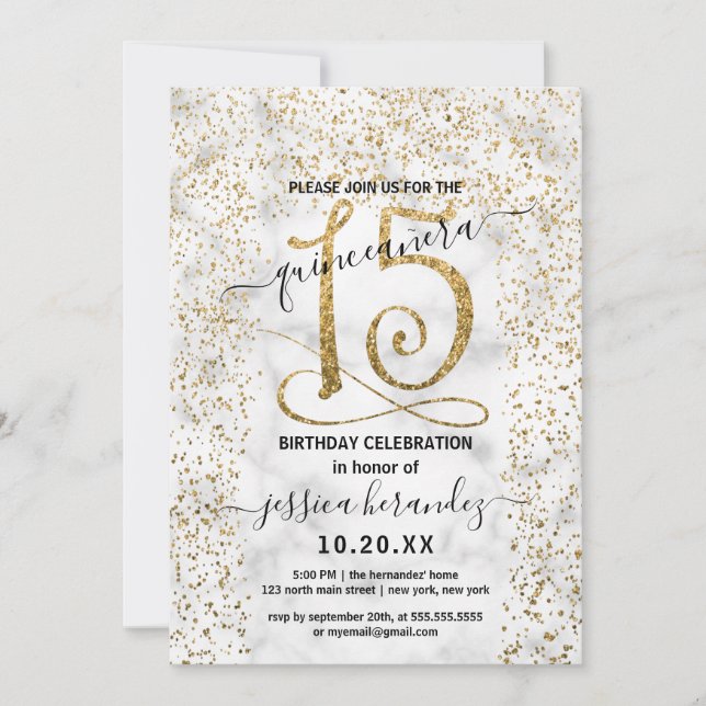 Chic Marble Gold Confetti Border Quinceañera Invitation (Front)