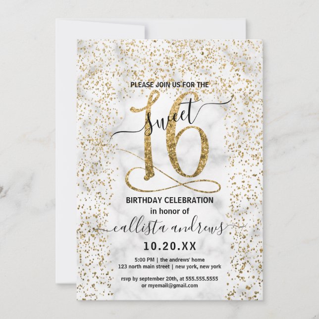 Chic Marble Gold Confetti Border Sweet 16 Invitation (Front)