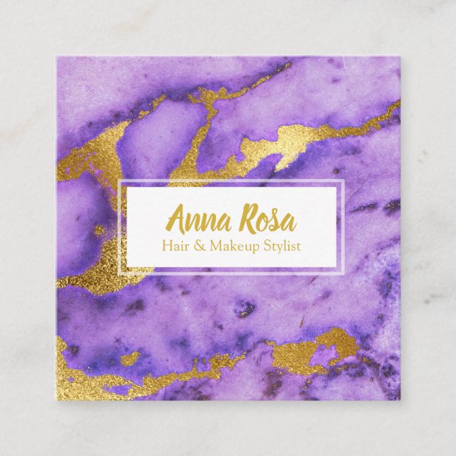*~* Chic Marble Gold Deep Purple Popular Square Business Card (Front)