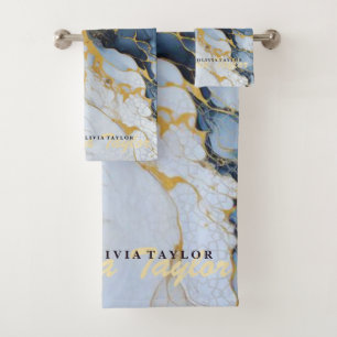 Chic Marble Gold Grey Navy Blue Agate bath towel
