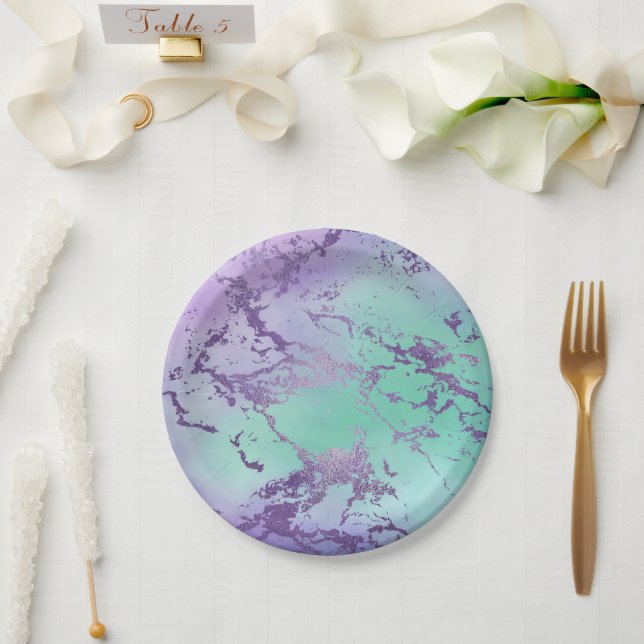 Chic Marble | Lavender Purple and Mint Green Paper Plate (Wedding)