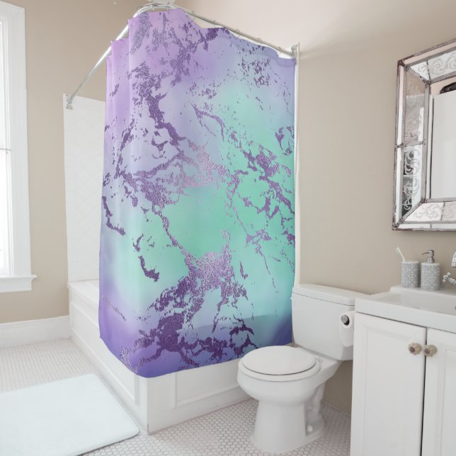 Chic Marble | Lavender Purple and Mint Green Shower Curtain (In Situ)