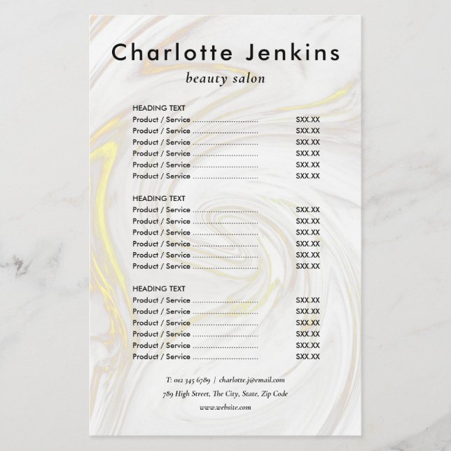Chic Marble Minimalist Salon Service Menu (Front)