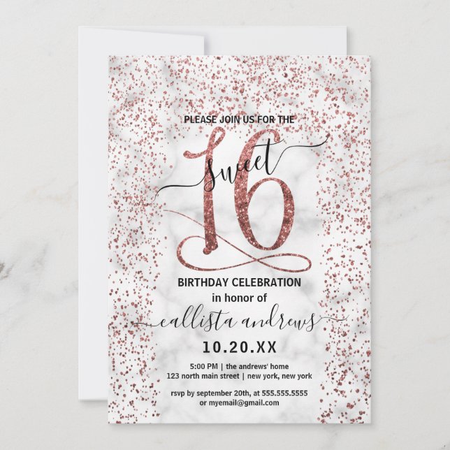 Chic Marble Rose Gold Confetti Border Sweet 16 Invitation (Front)