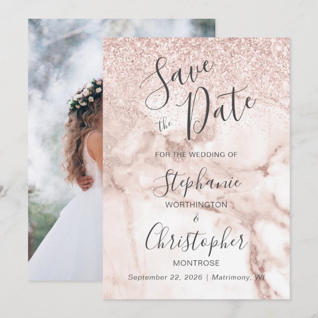 Chic Marble Rose Gold Glitter Photo Save the Date Invitation (Front/Back)