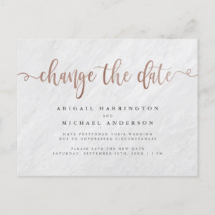 Chic Marble & Rose Gold Script Change The Date Invitation Postcard