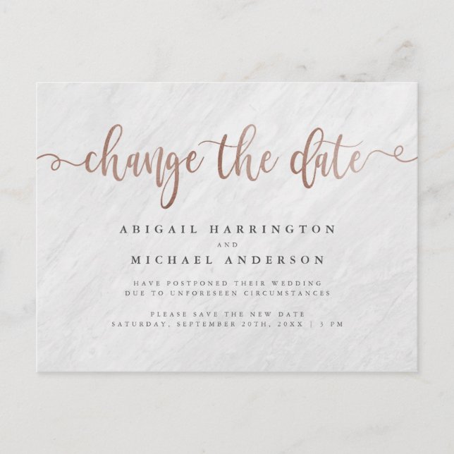 Chic Marble & Rose Gold Script Change The Date Invitation Postcard (Front)