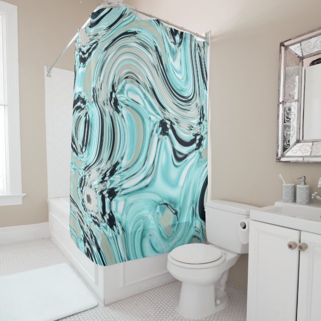 chic marble swirls mint ocean sea aqua blue waves shower curtain (In Situ)