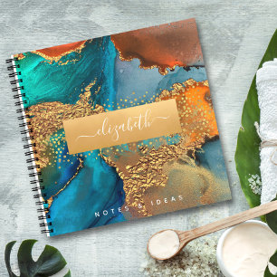 Chic marble watercolor glam gold turquoise square notebook