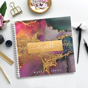 Chic marble watercolor gold purple & blue square notebook