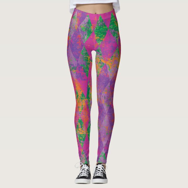 Chic Mardi Gras Purple Harlequin Pattern Leggings (Front)