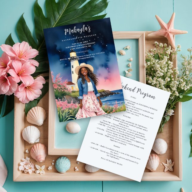 Chic Marine Landscape Lighthouse Afroamerican Girl Invitation (Chic Marine Landscape Lighthouse Afro American Bride To Be Bachelorette Weekend Invitations Cards.)
