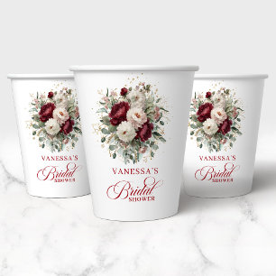 Chic Maroon Floral Bridal Shower Paper Cups