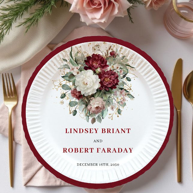 Chic Maroon Flowers Eucalyptus Gold Plates (Chic Maroon Flowers Eucalyptus Gold Plates)