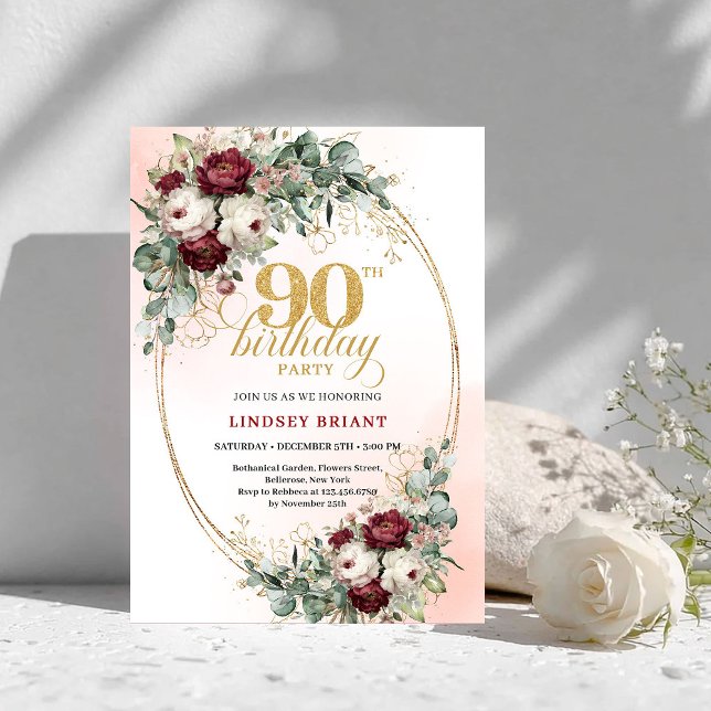 Chic Maroon Peonies Greenery 90th Birthday Invite (Chic Maroon Peonies Greenery 90th Birthday Invite)