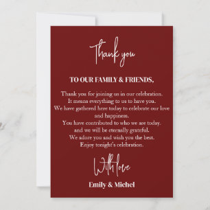 Chic Maroon Sienna Wedding Reception Table Thank You Card