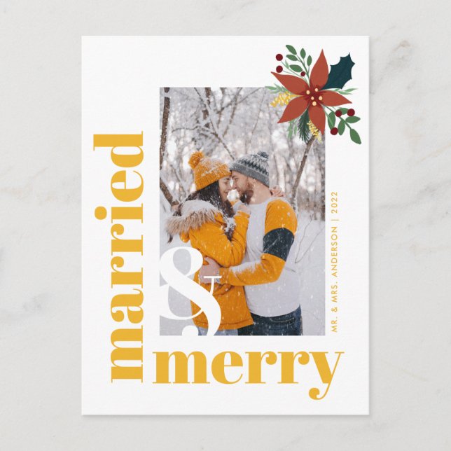 Chic Married and Merry Photo Christmas Poinsettia  Postcard (Front)