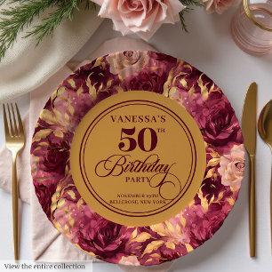 Chic Marsala Blush Gold Flowers 50th Birthday  Paper Plate