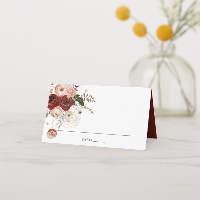 Chic Marsala Blush Ivory Floral Wedding Guest Name Place Card (Front)
