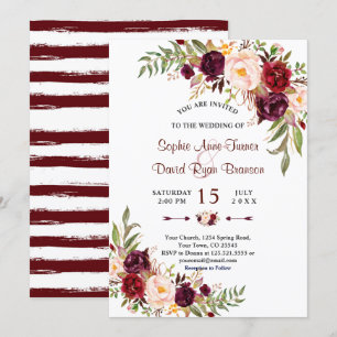 Chic Marsala Floral Burgundy Stripes Wedding Invitation