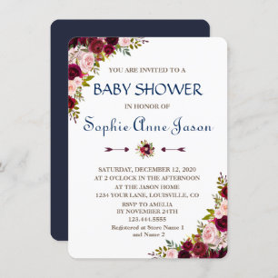 Chic Marsala Floral Fall Navy Blue Baby Shower Invitation