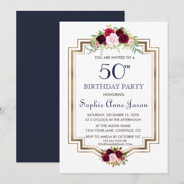 Chic Marsala Floral Navy Blue Gold 50th Birthday Invitation (Front/Back)