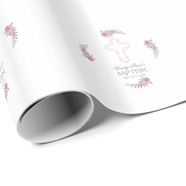 Chic Marsala Maroon Floral Girl Baptism Wrapping Paper (Roll Corner)