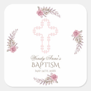 Chic Marsala Maroon Floral Girl Christening Square Sticker