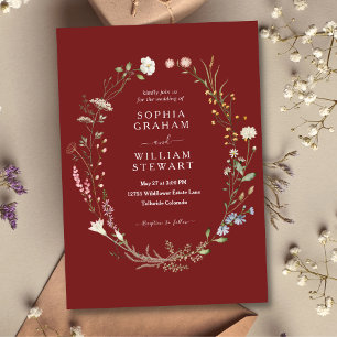 Chic Marsala Watercolor Wildflower Theme Wedding Invitation