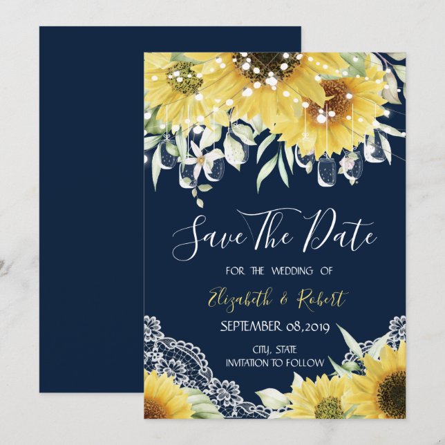 Chic Mason Jar, Lace,Sunflowers Navy Blue Save The Date (Front/Back)
