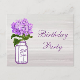 Chic Mason Jar & Purple Hydrangea Birthday Party Invitation