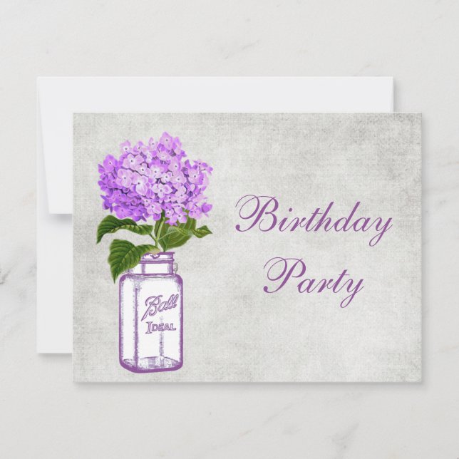 Chic Mason Jar & Purple Hydrangea Birthday Party Invitation (Front)
