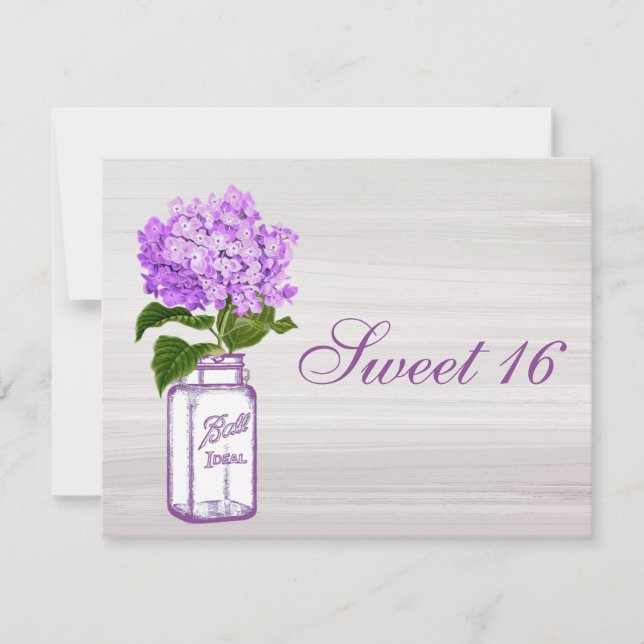 Chic Mason Jar & Purple Hydrangea Sweet 16 Invitation (Front)