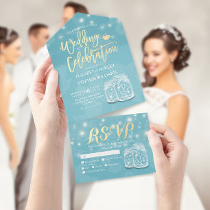 Chic Mason Jar String Light Blue Gold Wedding RSVP All In One Invitation
