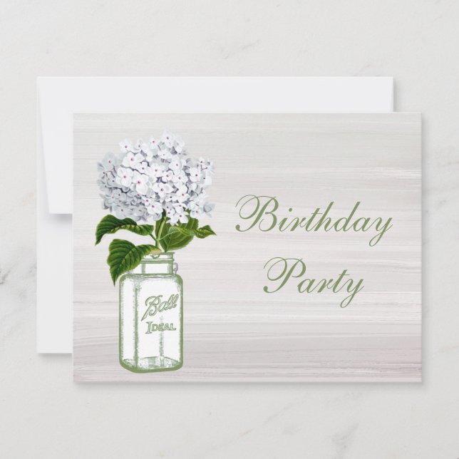 Chic Mason Jar & White Hydrangea Birthday Party Invitation (Front)